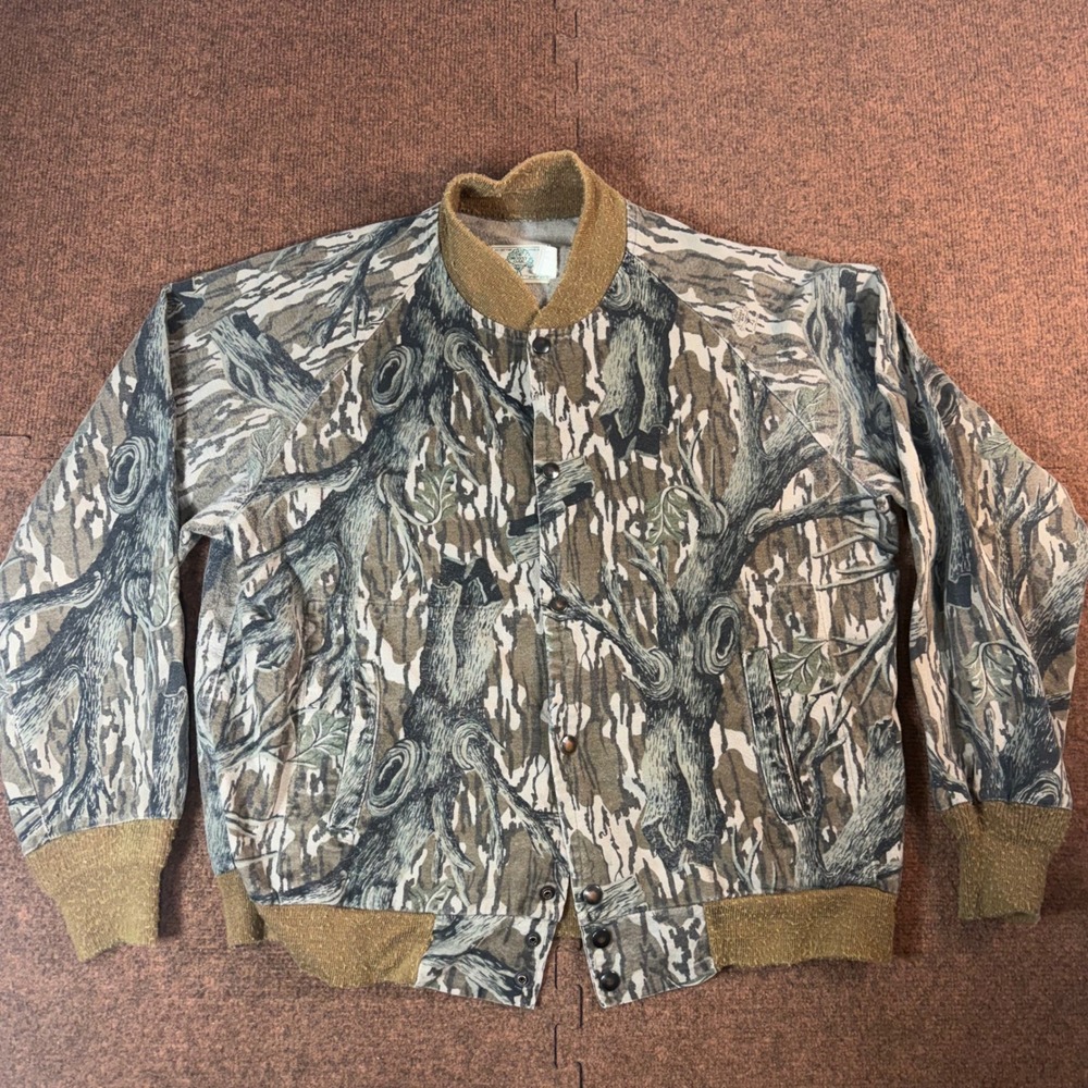 Vintage Mossy Oak Camo Bomber Jacket Mens Medium Tree Bark Full Snap Made in USA